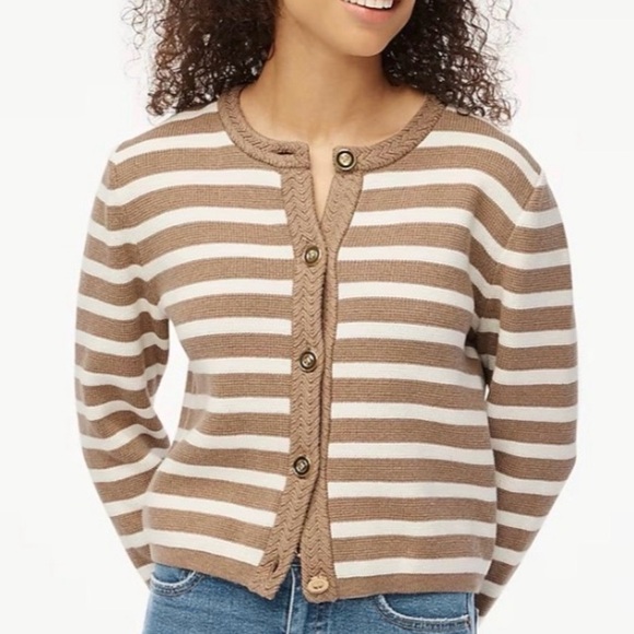 J.Crew Striped cotton lady jacket cardigan sweater Heather mushroom ivory stripe - Picture 3 of 3